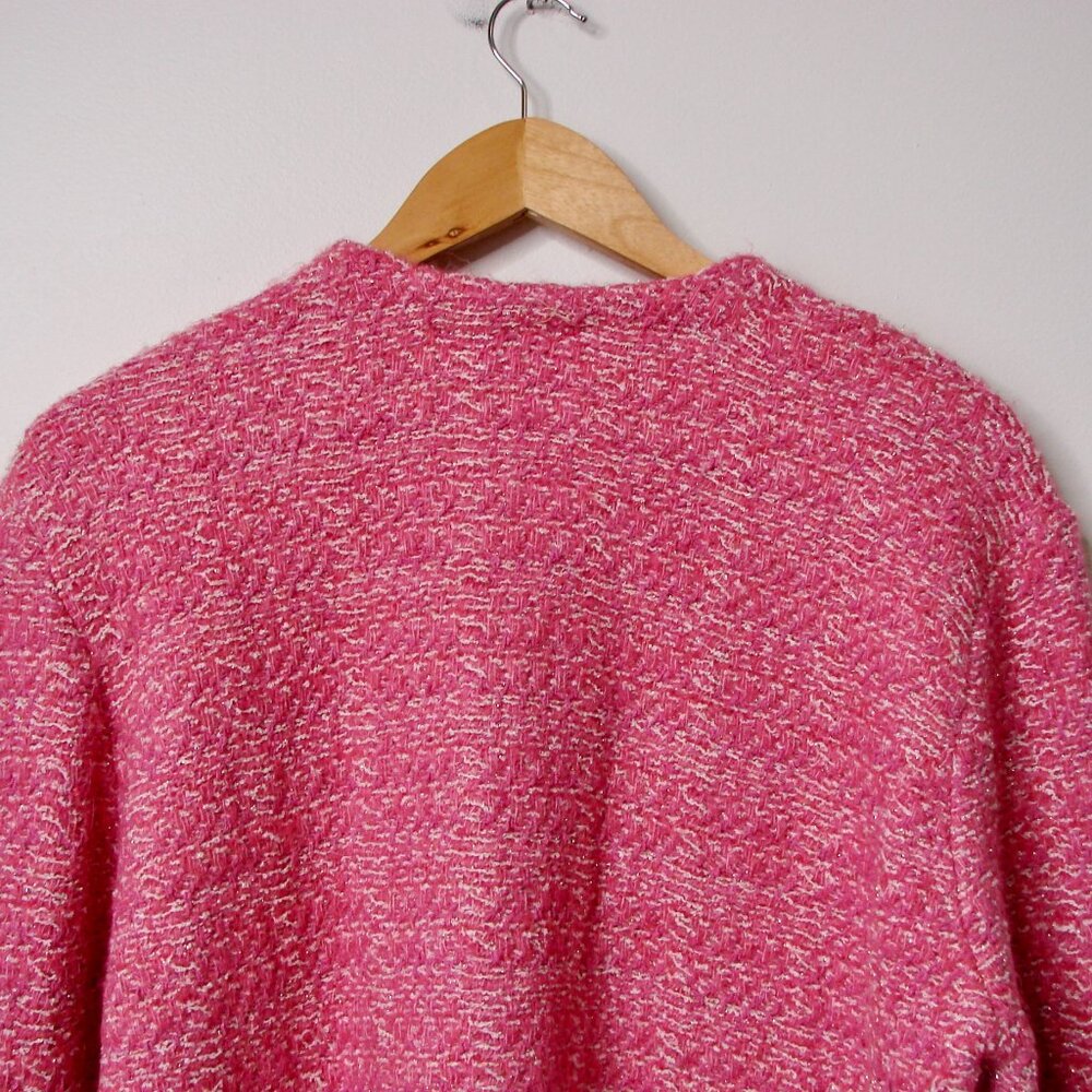 Zara Pink Tweed Knit Cardigan Jacket Sweater Barbie Pink Silver Metallic Size XL - Picture 15 of 16